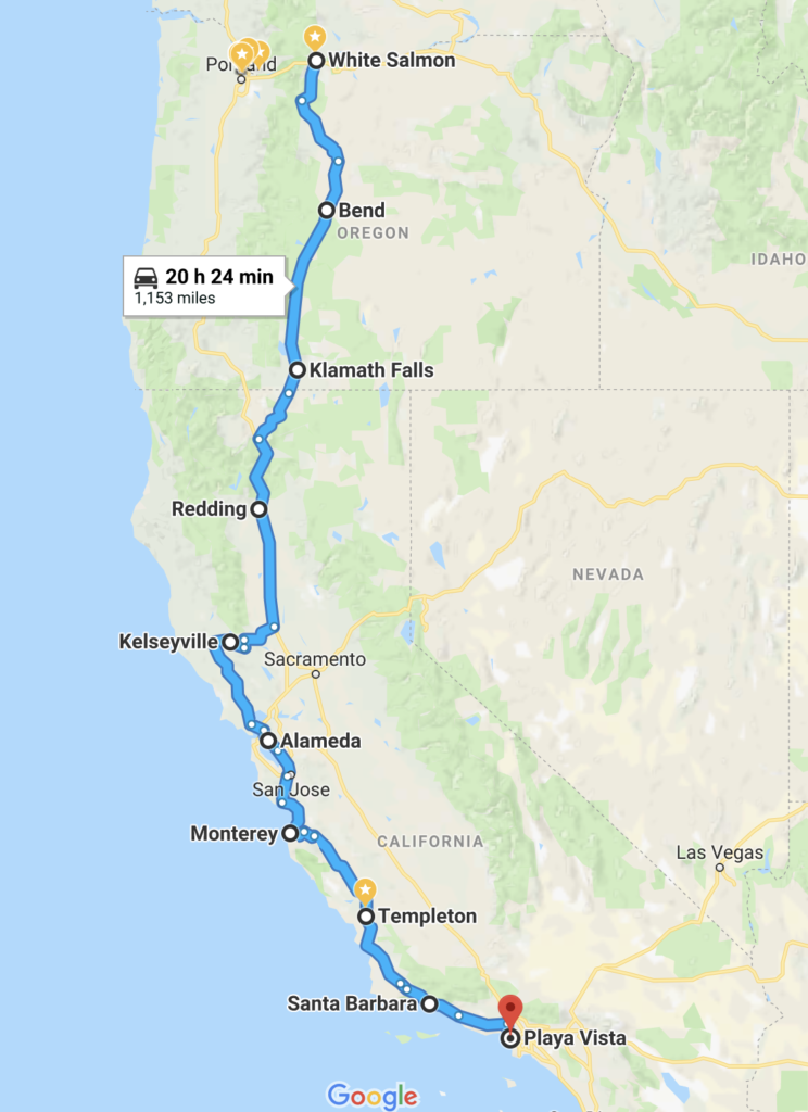 A map of our route down the west coast.