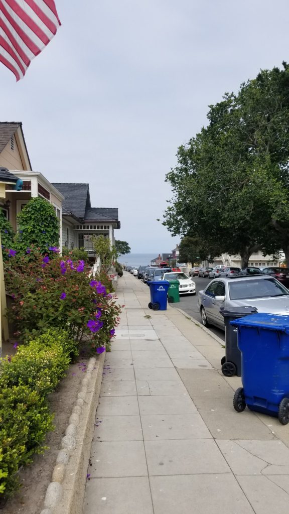 Street with bay in background.