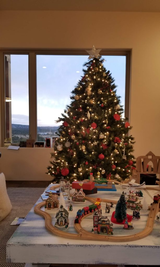 Christmas tree in front of a view window